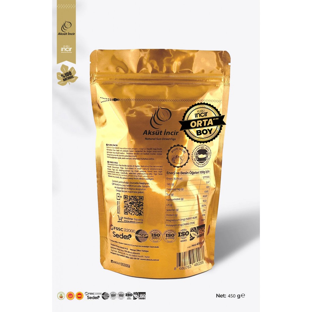 450g Gold Doypack Kuru İncir – Orta Boy Aydın İnciri (AB Coğrafi İşaretli)