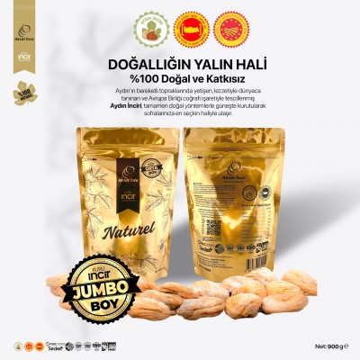 JUMBO Boy 900g Gold Doypack Kuru İncir – Aydın İnciri (AB Coğrafi İşaretli)