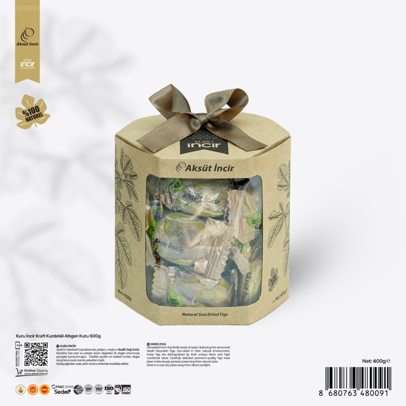 600g Kuru İncir Kraft Kurdeleli Altıgen Kutu