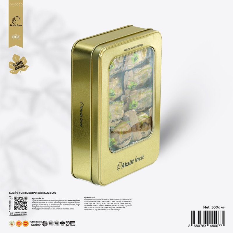 500g Kuru İncir Gold Metal Pencereli Kutu